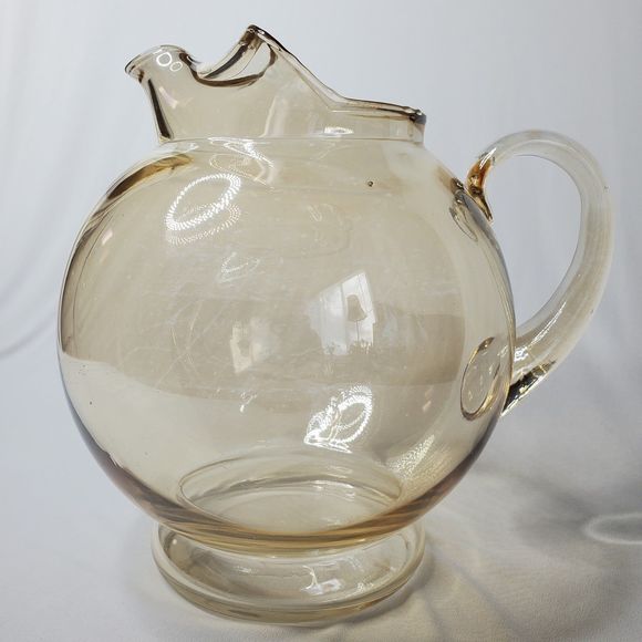 Vintage Amber Ball Pitcher Blown Glass Applied Handle Smooth Design Ripple Mouth - Picture 2 of 12